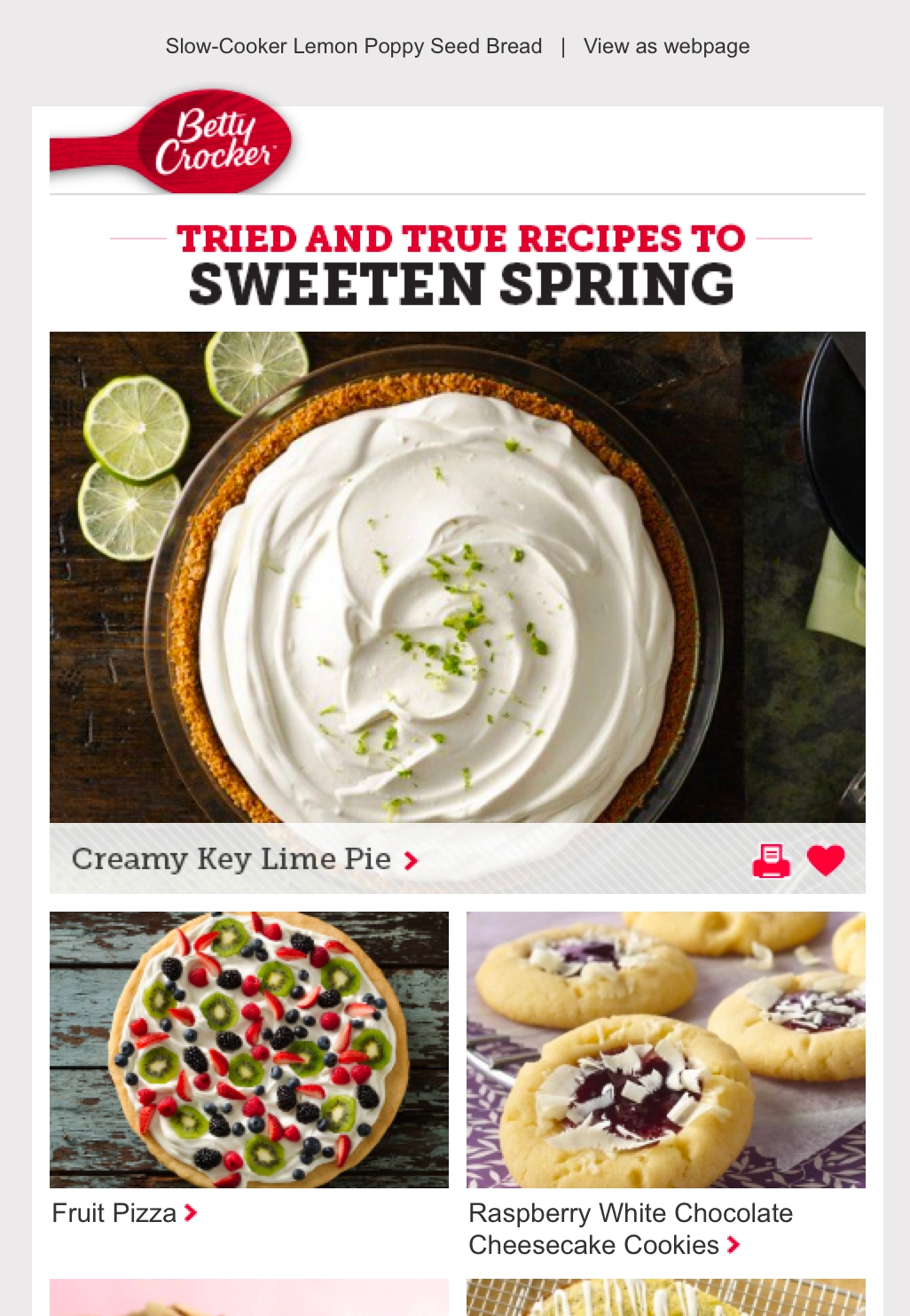 A Betty Crocker email featuring a picture of a key lime pie and the title 'Creamy Key Lime Pie.' Further down in the email are a fruit pizza and a raspberry white chocolate cheesecake cookies recipe