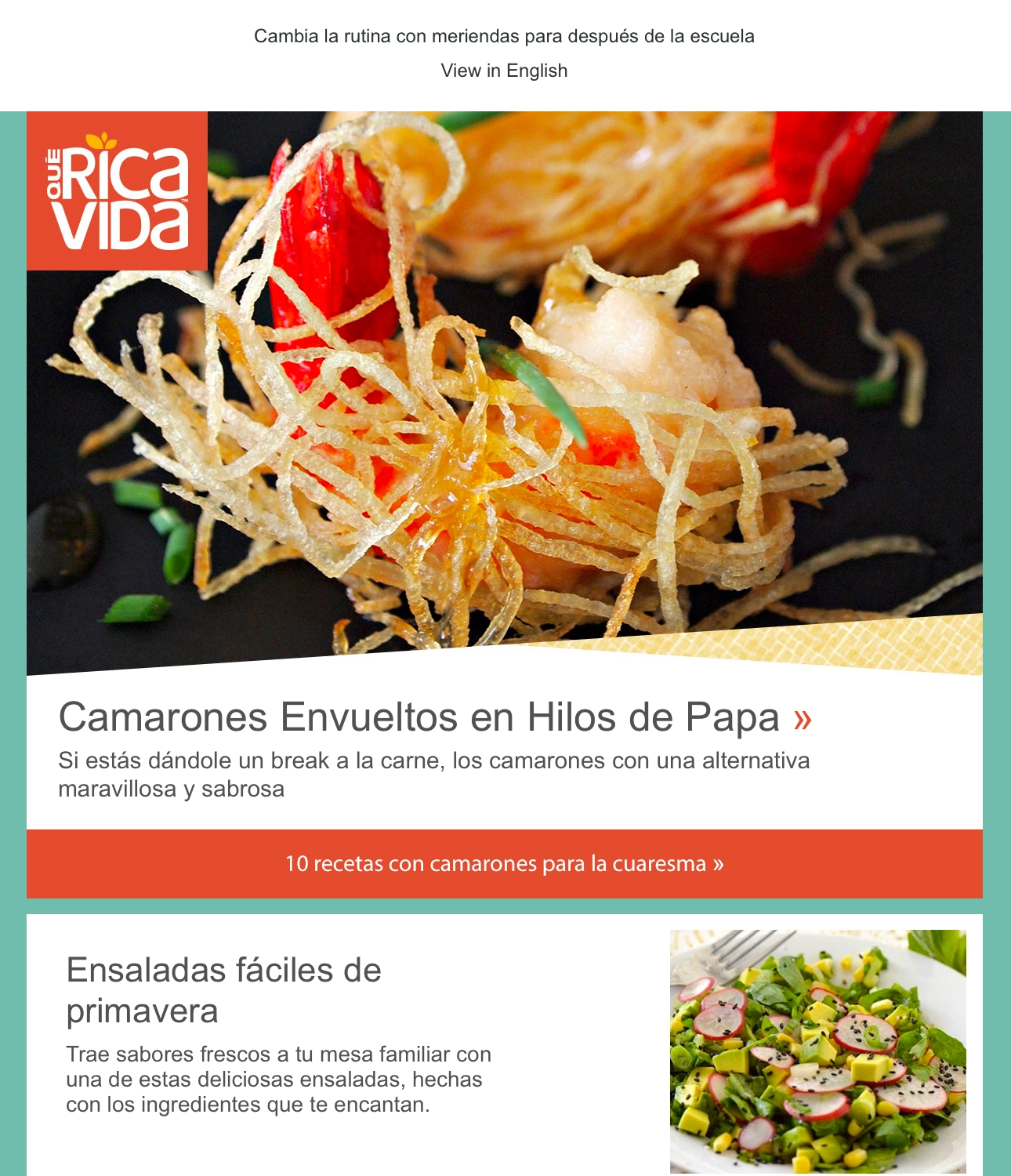 A quericavida email in spanish featuring the title 'Camarones Envueltos en Hilos de Papa' and a picture of shrimp wrapped in potato threads with a button that says '10 recetas con camarones para la cuaresma'
